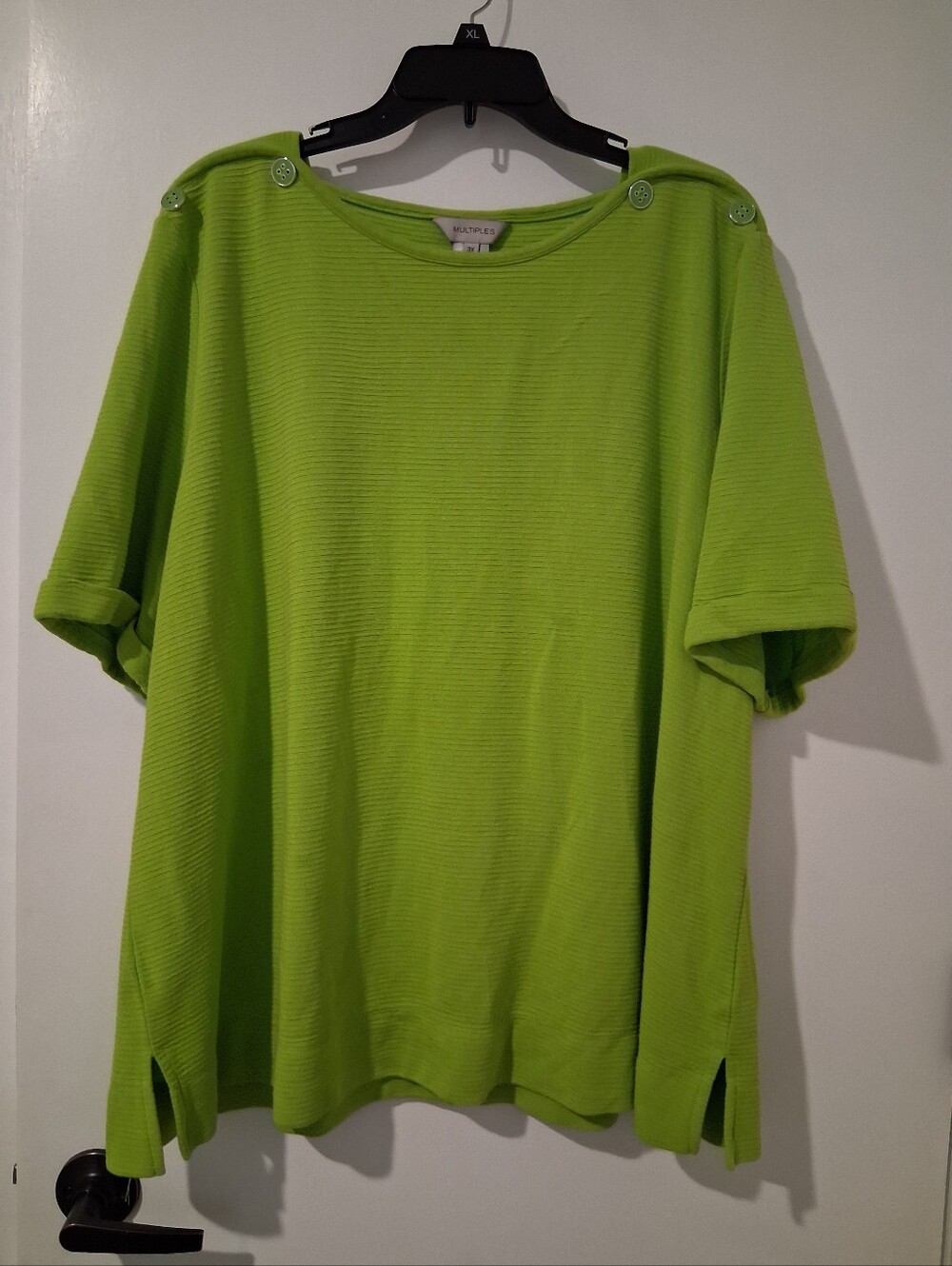 Multiples Bright Lime Green Ribbed Button-Shoulder Top